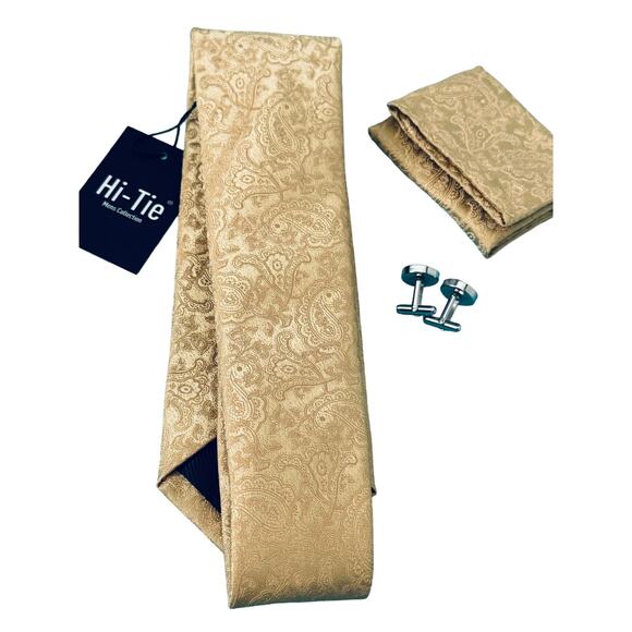 Brand New Hi-Tie Necktie Royal / Gold Tie Pocket Square Cufflinks Set - Picture 2 of 3